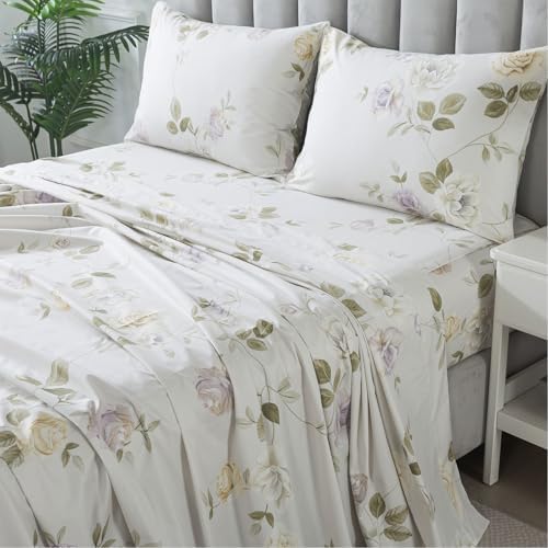 FADFAY Queen Sheets Set Percale Cotton Floral Bed Sheets Deep Pocket Fitted Sheet, Luxury Vintage Roses Floral Printed Shabby Bedding for All Season,Super Soft Crisp & Breathe,4pcs