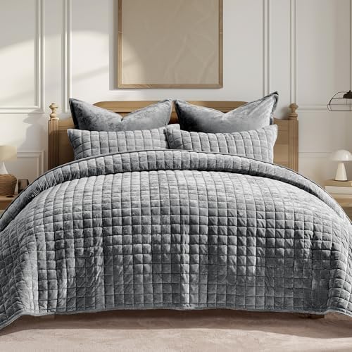 RECYCO Channel Box Stitch Velvet Quilt Set Twin/Twin XL Size, Charcoal Gray