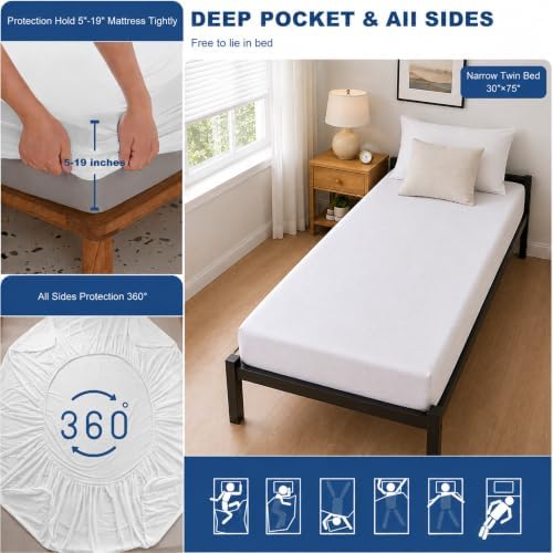 GRT 1 Pack 100% Waterproof Mattress Protector RV Bunk Mattress Protector for 75" x 30" Narrow Twin, Breathable & Noiseless Waterproof Mattress Cover Fitted Deep Pocket from 5" to 19", Vinyl Free