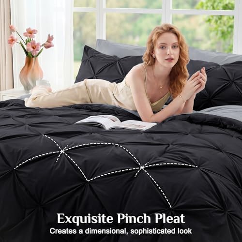 JOLLYVOGUE Queen Comforter Set 7 Pieces - Bed in a Bag Queen for All Season, Pintuck Bedding Comforter Sets with Comforter, Flat Sheet, Fitted Sheet and Pillowcases & Shams, Black & Light Grey