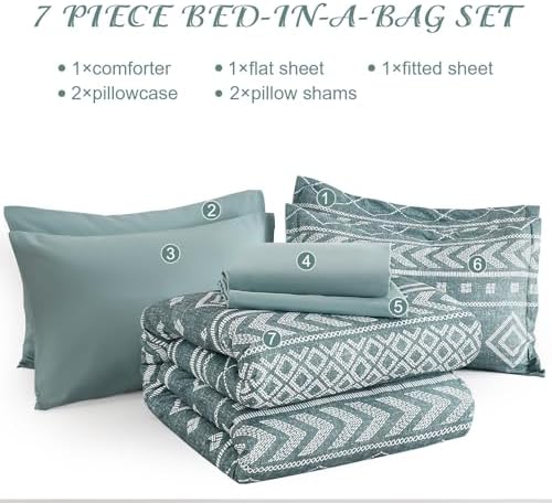 Yiran Boho Aztec Comforter Set King Size, Grayish Blue Comforter Bedding Set, 7 Piece Bed in a Bag, Soft Microfiber Bohemian Striped Complete Bedding Set with Sheets for All Season