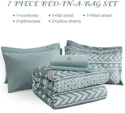 Yiran Boho Aztec Comforter Set Queen Size, Grayish Blue Comforter Bedding Set, 7 Piece Bed in a Bag, Soft Microfiber Bohemian Striped Complete Bedding Set with Sheets for All Season