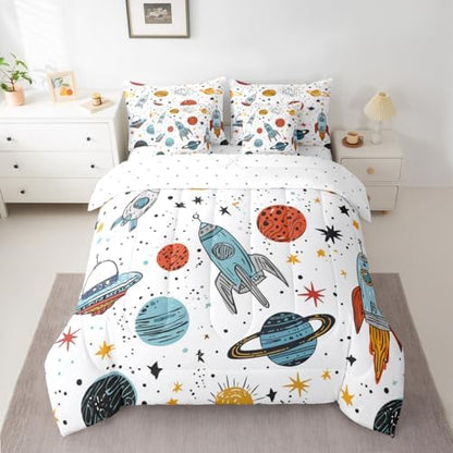 Erosebridal Outer Space Rocket 7 Piece Bedding Set Queen Galaxy Comforter Set with Sheets Kids Boys Cartoon Bed in A Bag Universe Starry Sky Cosmos Bed Sets with 2 Pillowcases, 2 Throw Pillow Covers