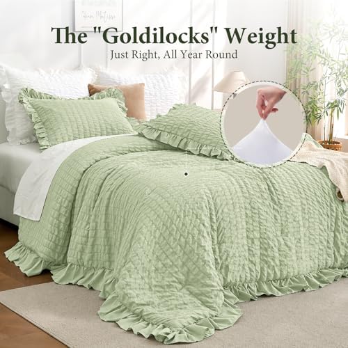 JOLLYVOGUE Sage Green Comforter Full Size, 3 Pieces Seersucker Lightweight Full Size Bedding, All Season Fluffy Microfiber Bedding Comforter Set with 1 Ruffle Comforter and 2 Ruffle Pillowshams