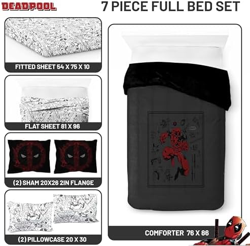 Marvel Deadpool Full Size Comforter Set 7 Piece Soft Bedding for Boys, Gray