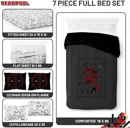 Marvel Deadpool Full Size Comforter Set 7 Piece Soft Bedding for Boys, Gray