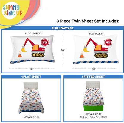 Sunny Side Up Construction Zone Twin Sheet Set - 3 Piece Kids Bedding Set Includes Pillow Cover - Super Soft Trucks Microfiber Sheets