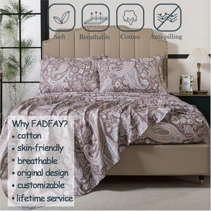 FADFAY King Size Bed Sheet Set, Vintage Paisley Floral Pattern, 100% Cotton Soft Crisp Breathable Sheets, Deep Pocket Fitted Sheet, 2 Envelope Pillowcases, Pet-Friendly, 4-Piece