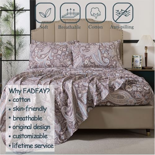 FADFAY Twin Size Bed Sheet Set- 4 Piece 100% Cotton Vintage Paisley Floral Pattern Soft Crisp Breathable Sheets, Includes 1 Fitted Sheet, 1 Flat Sheet and 2 Pillowcases