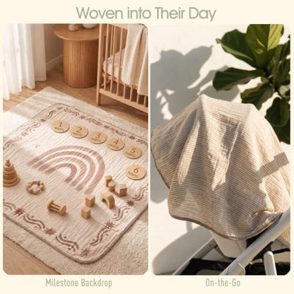 Muslin Baby Blanket, Organic Cotton Blend Jacquard (Boho Rainbow)