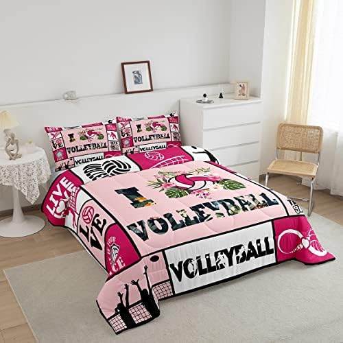 Manfei Volleyball Comforter Set King Size, Sports Theme Quilt Set with 2 Pillowcases, Geometric Checks Pink Grid Bedding Set 3pcs for Kids Boys Girls Room Decor, Ball Gaming Duvet Insert