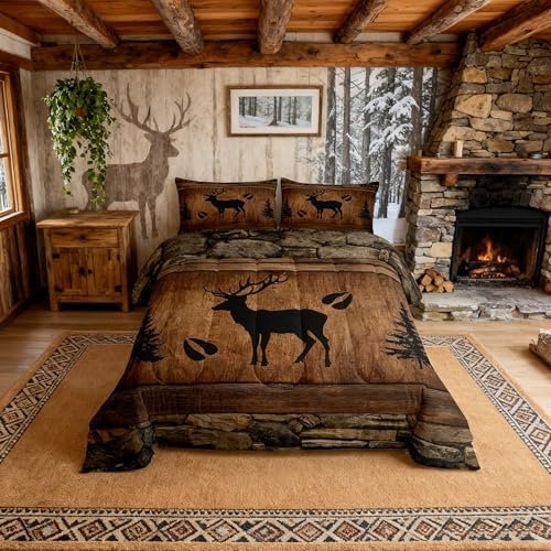 Manfei Rustic Deer Comforter Set Queen Size, Black Trees Deer Paw Print Down Comforter with 2 Pillowcases, Brwon Wooden Plank Bedding Set 3pcs for Kids Boys Room Decor Wild Animal Duvet Insert