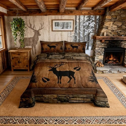Manfei Rustic Deer Comforter Set Queen Size, Black Trees Deer Paw Print Down Comforter with 2 Pillowcases, Brwon Wooden Plank Bedding Set 3pcs for Kids Boys Room Decor Wild Animal Duvet Insert