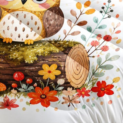 Cute Woodland Fox Owl King Size Comforter Set with 2 Pillowcases.