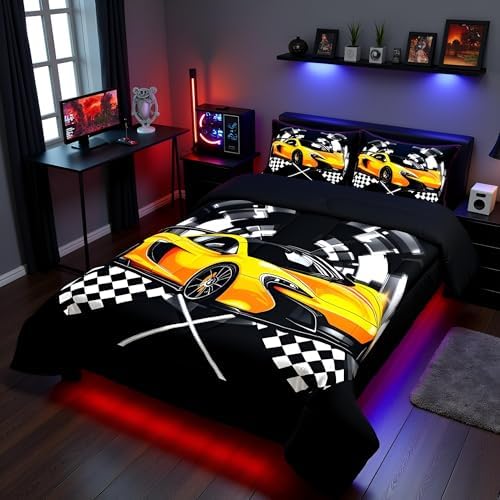 Yellow Race Car Comforter Set Queen Size, Black and White Grid Quilt Set Extreme Sport Games Bedding Comforters 3pcs for Kids Teens Boys Room Decor,Soft Modern Duvet Set with 2 Pillowcases