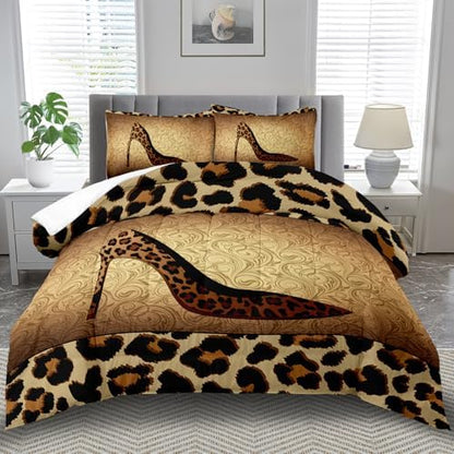 Leopard Comforter Set Twin Girls,Sexy High Heel Comforter for Women,Leopard Print Bedding Set Twin Adult,High Heel Quilt Bedroom Decor,African Animal Print Bedding Quilt