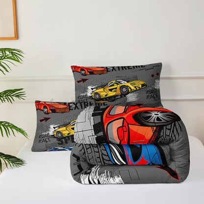 Race Car King Comforter Set for Boys，Race Car King Bedding Sets for Boys，Hot Wheels Cars King Bedding Set，Theme Room Decor
