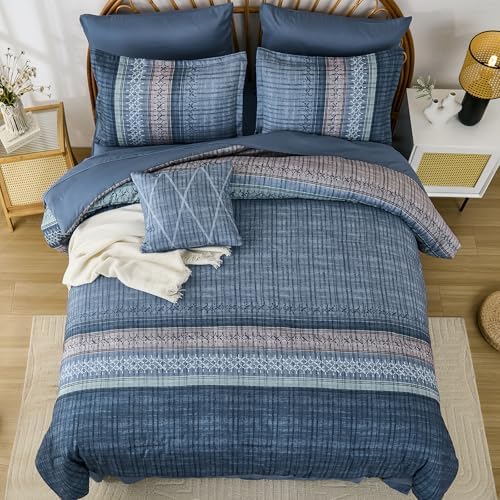 Dintszyayue Blue Comforter Set Queen Size, 8 Pieces Boho Striped Bed in a Bag Soft Microfiber Bedding Set for All Season