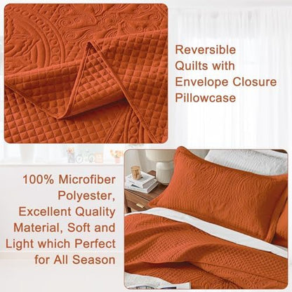 Qucover Oversized King Bedspread, Burnt Orange King Size Bedspread Oversized, 3 Piece Lightweight California King Quilt Set, All Season Soft Microfiber Persian Pattern Quilted Comforter 128x120