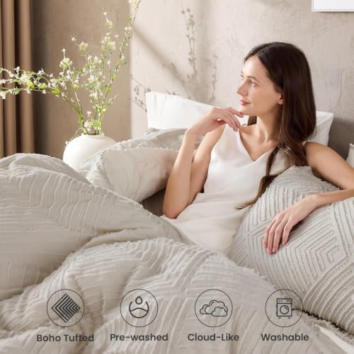 JOLLYVOGUE Full Size Comforter Set, Boho Tufted 3-Piece Bedding Set, Khaki