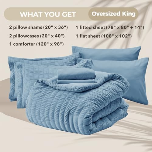 HYMOKEGE Mineral Blue Oversized King Comforter Set Seersucker 7 Pieces, All Season Luxury Bed in a Bag for Bedroom, Bedding Set with Comforter, Sheets, Pillowcases & Shams