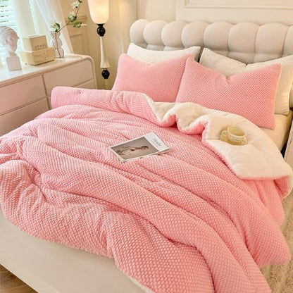 LLanCL 3D Jacquard Design Comforter Set, Ultra-Soft Warm Twin Size Sherpa Fur Plush 2-Pieces Sets Luxury Cozy Bedding with 1 Pillowcase (68"x90", Pink)