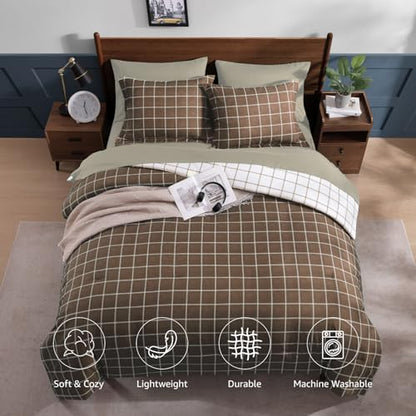Plaid Twin XL Comforter Set Brown 5 Pieces Bed in a Bag for College Dorm
