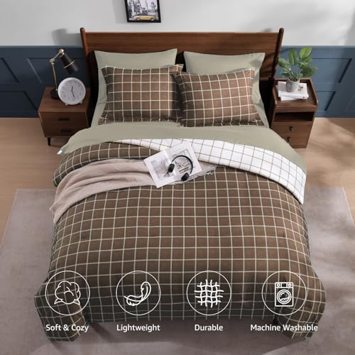 Plaid Full Size Comforter Set Brown 7 Pieces Reversible Bed in a Bag