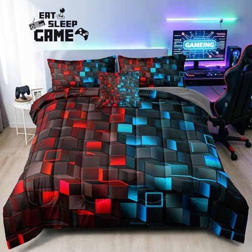 6 Piece Bed in a Bag 3D Block Comforter Set Twin Size Red Light Blue Gaming Block Bedding Set for Boys Girls Kids Teens Bedroom Decorative Twin10