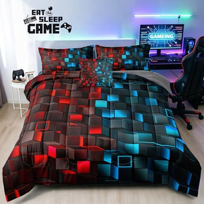6 Piece Bed in a Bag 3D Block Comforter Set Twin Size Red Light Blue Gaming Block Bedding Set for Boys Girls Kids Teens Bedroom Decorative Twin10