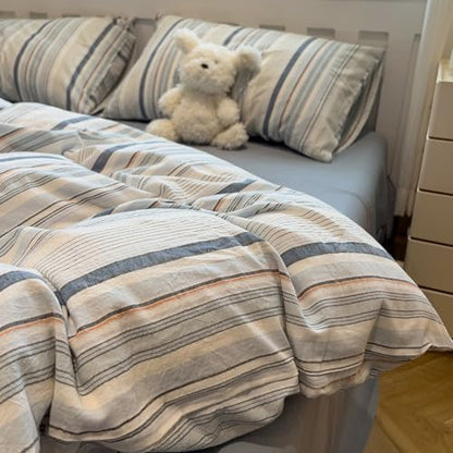 mixinni Vintage Blue and White Striped Duvet Cover Set Queen - 100% Washed Cotton 3 Piece Bedding Set with Geometric Pattern, Soft Breathable Comforter Cover with Zipper Closure & Corner Ties