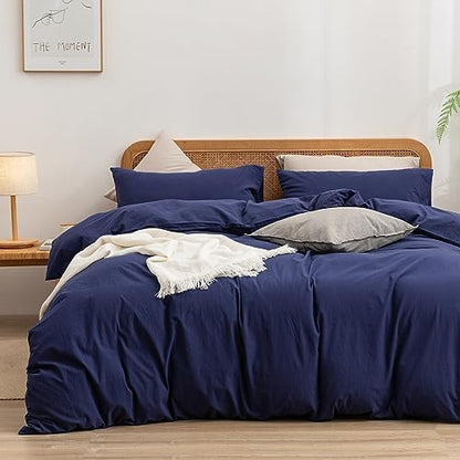 BESTOUCH Cotton Solid Duvet Cover Set Linen Feel Navy Blue Full