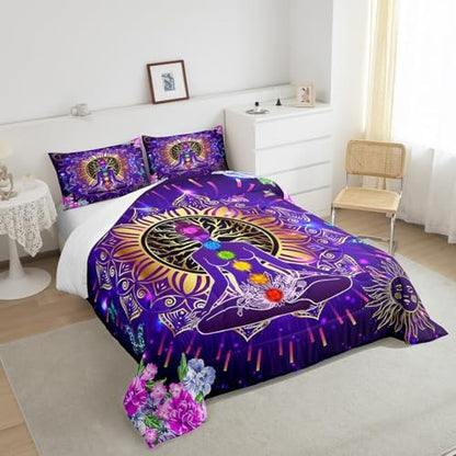 Manfei Yoga Chakras Comforter Set King Size, Boho Mandala Bedding Set 3pcs for Kids Boys Girls Bedroom Decor, Gold Sun and Moon Quilt Set with 2 Pillowcases, Colorful Flower Duvet Insert