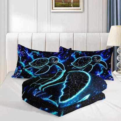 HOSIMA Neon Galaxy Sea Turtle Comforter Twin for Boys with 2 Pillowcases.
