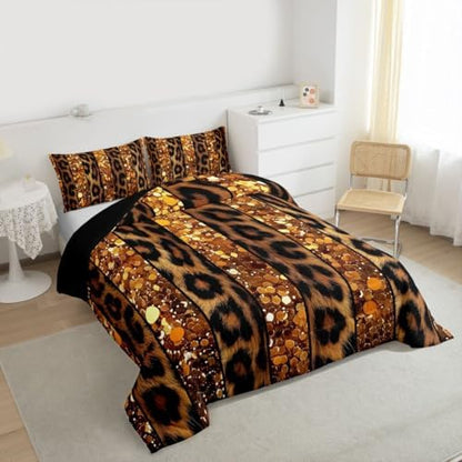 jejeloiu Leopard Kids Comforter Set Queen Size Glitter Pattern Bedding Set Animal Skin Duvet Quilt for Kids Boys Girls Bedroom Decor Microfiber Ultra Soft Breathable