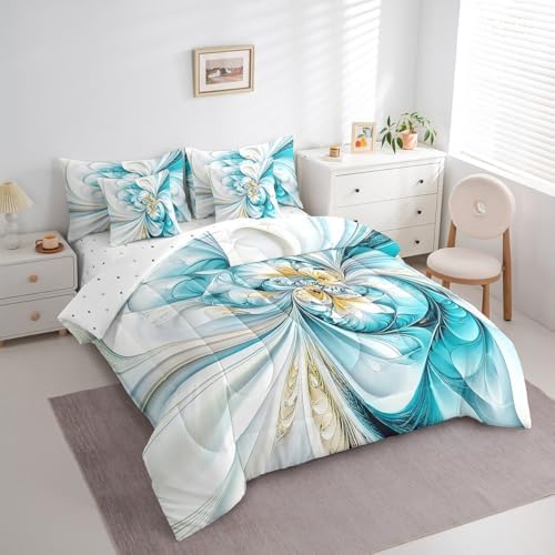 Erosebridal Marble Texture Comforter Set Twin Size,Abstract Floral Bedding Set for Kids Teens,Teal Gradient Tie Dye (Comforter+Fitted+Flat Sheet+2 Pillowcases+2 Throw Pillow Covers) 7 Pieces Bed Set