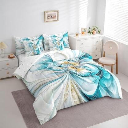 Erosebridal Marble Texture Comforter Set Twin Size,Abstract Floral Bedding Set for Kids Teens,Teal Gradient Tie Dye (Comforter+Fitted+Flat Sheet+2 Pillowcases+2 Throw Pillow Covers) 7 Pieces Bed Set