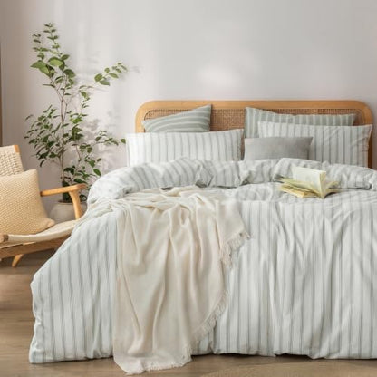 BESTOUCH Striped Cotton Duvet Cover Set Linen Feel Alaska King
