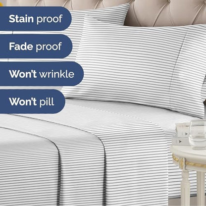 Full 4 Piece Striped Sheet Set - Soft, Breathable & Cooling - Fine Lines