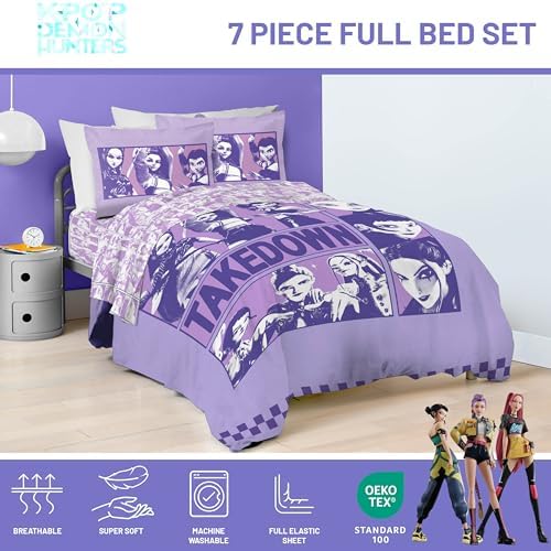 Kpop Demon Hunters Full Size Comforter Set 7 Piece Kids Bedding, Purple