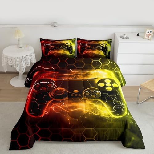 Feelyou Gamer Comforter Toddler Size, Gaming Comforter Set for Kids Red Gamer Bedding Set Game Room Decor Duvet Set Microfiber Bed Set