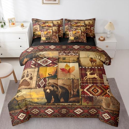 Erosebridal Vintage Rustic Bedding Set King Farmhouse Lodge Bear Deer Comforter Set 7 Piece Country Cabin Bed in A Bag for Adults Western Maple Leaf Retro Pine Trees Quilt with Flat Fitted Sheet