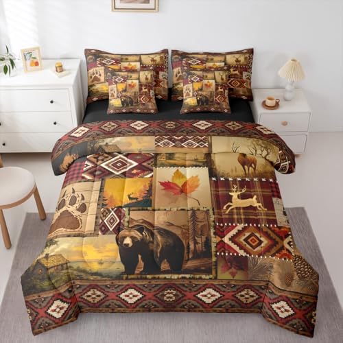 Erosebridal Vintage Rustic Bedding Set Twin Farmhouse Lodge Bear Deer Comforter Set 7 Piece Country Cabin Bed in A Bag for Kids Girls Western Maple Leaf Retro Pine Trees Quilt with Flat Fitted Sheet