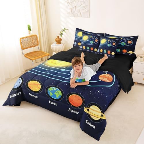 Erosebridal Solar System Twin Comforter Set 7 Pieces, Galaxy Bed in A Bag, Outer Space Bedding Set with Comforters, Sheets, Pillowcases Starry Sky Universe Planets Bedroom Decor