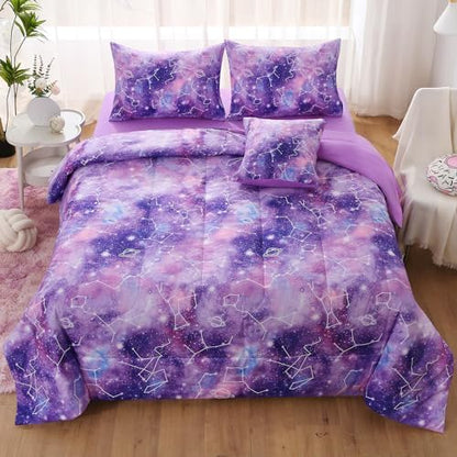 JQinHome Twin Gradient Galaxy Comforter Set for Girls,6 Piece Bed in A Bag 3D Colorful Tie Dye Constellation Print Ombre Bedding Set (Purple)