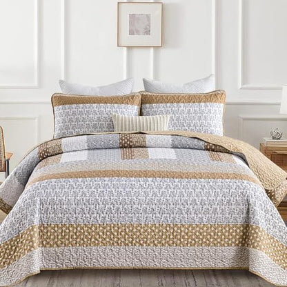 WONGS BEDDING Brown Queen Quilt Bedding Set, Bohemian Stripe Bedspread