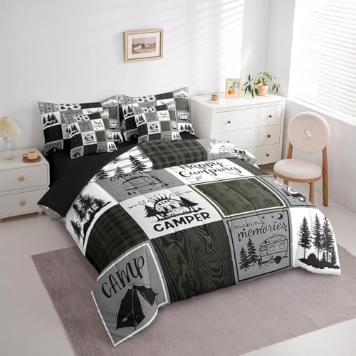 Erosebridal Camper Bed in A Bag for Bunks,Happy Camping Twin Comforter Set 7 Piece for Travel Trailers Rustic Farmhouse Buffalo Plaid Bedding Sets Rv Decor for Inside,Adventure Camper Bed Set