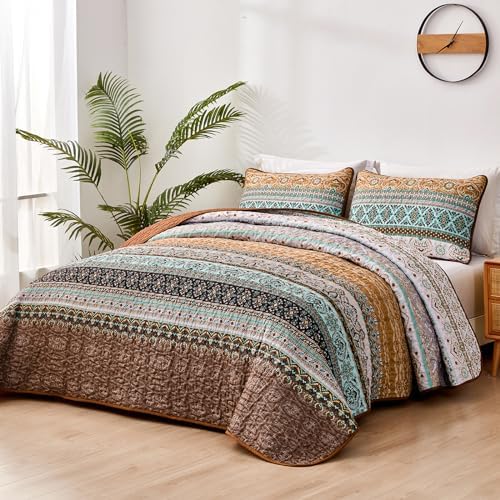 WONGS BEDDING Boho Full Quilt Bedding Set, 3 Pieces Soft Bedspread,Brown