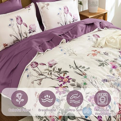 WONGS BEDDING Floral Comforter Set Queen 7 Piece Purple Bedding