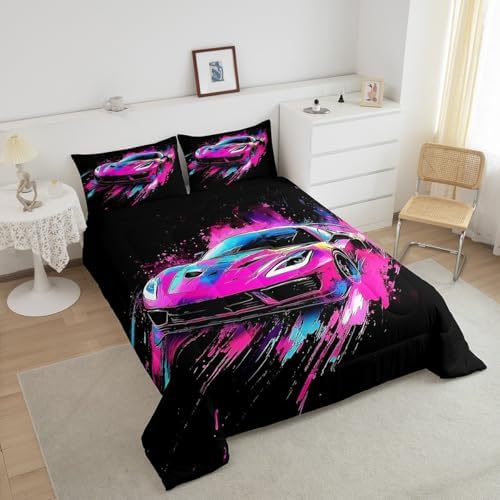 Homewish Cool Sports Car Comforter Set,Race Car Bedding Set for Kids Girls Boys,Teens Adults Extreme Sports Comforter,Racing Theme Quilted Duvet Set Bedroom Collection Twin Size 2Pcs